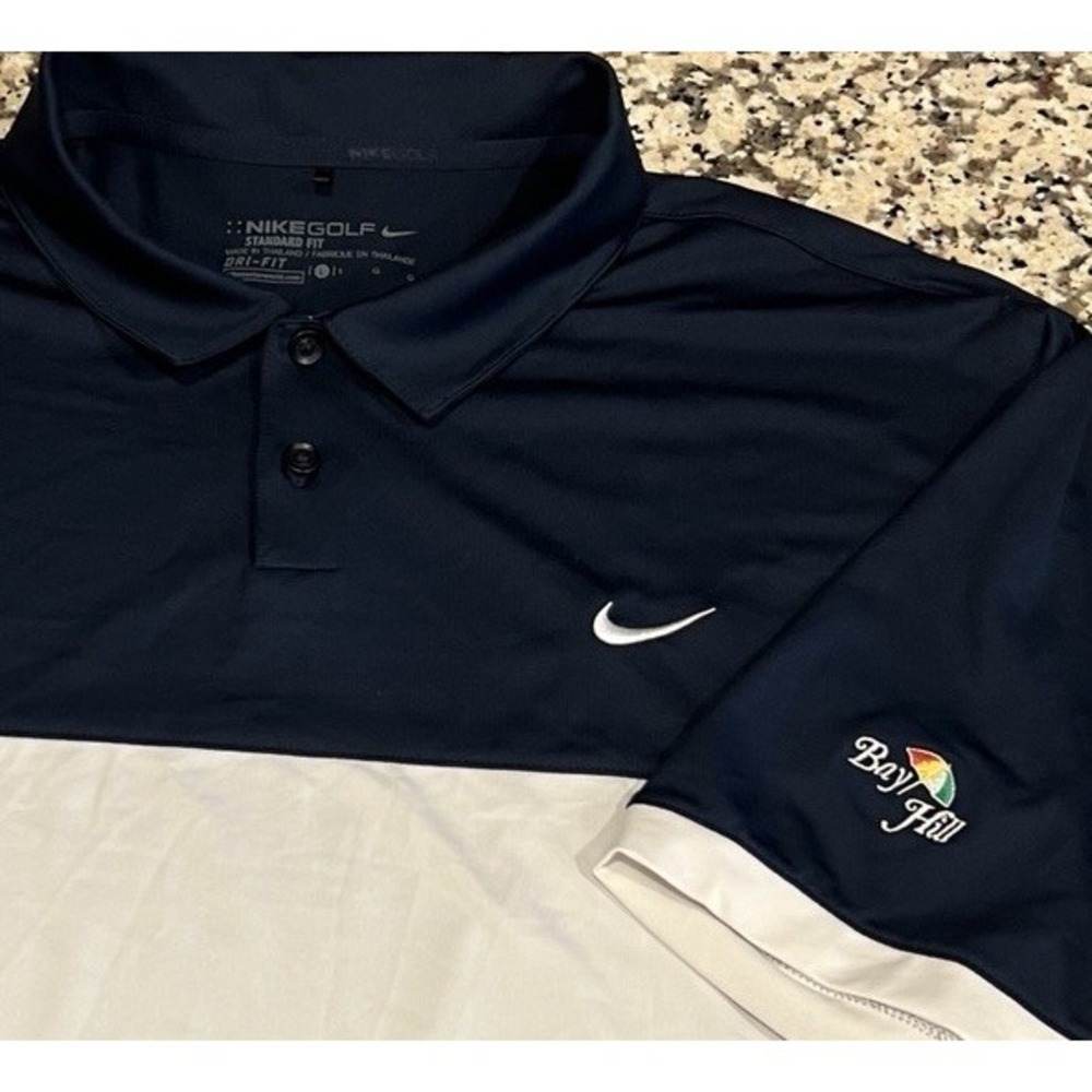 Nike Golf Dri Fit Standard Fit Blue White Polo Shirt Mens Bay Hill Logo Large